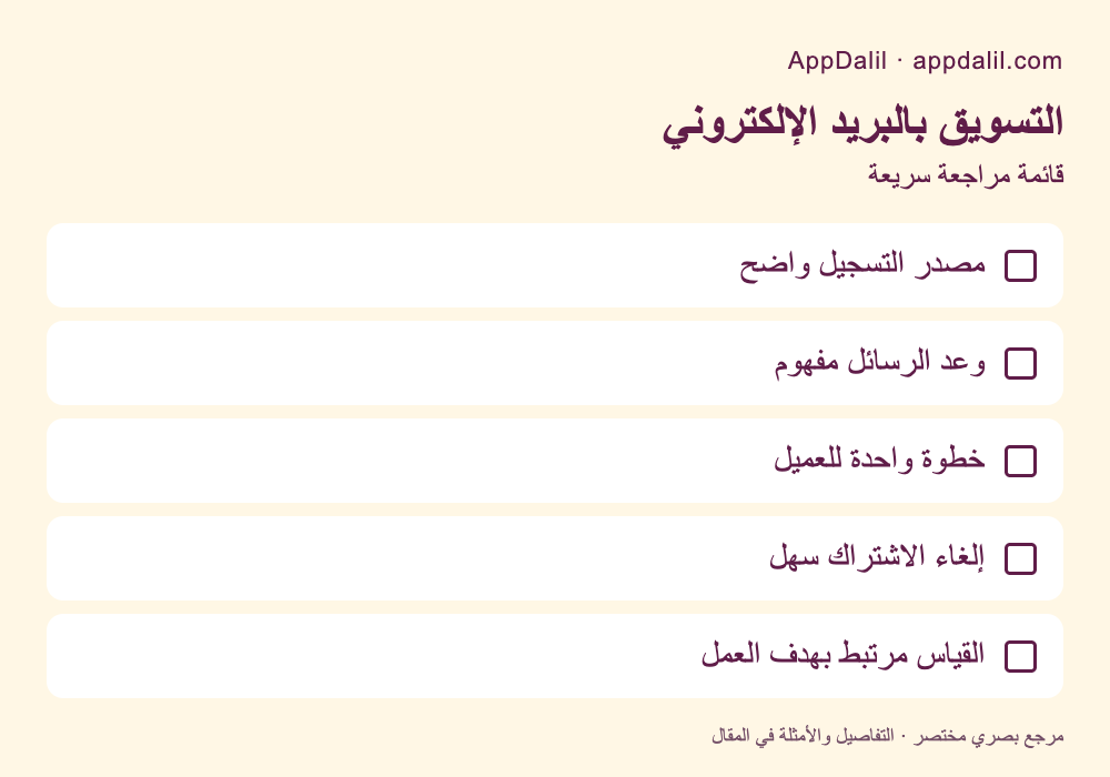 قائمة مراجعة: التسويق بالبريد الإلكتروني — مصدر التسجيل واضح، وعد الرسائل مفهوم، خطوة واحدة للعميل، إلغاء الاشتراك سهل، القياس مرتبط بهدف العمل