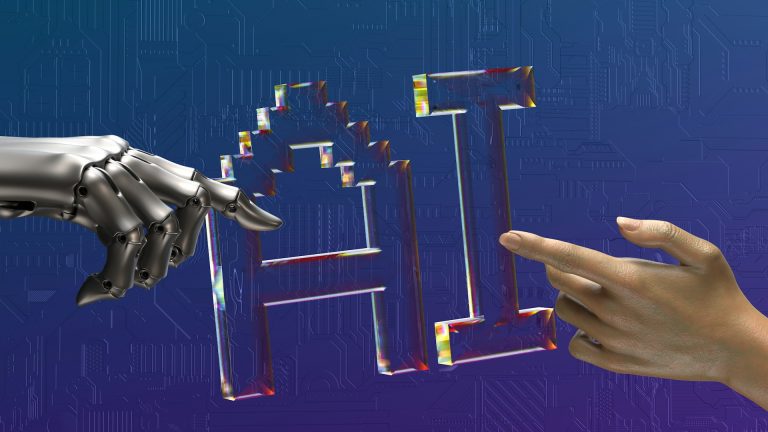 يد بشرية ويد آلية بجوار حروف AI — أداة ذكاء اصطناعي