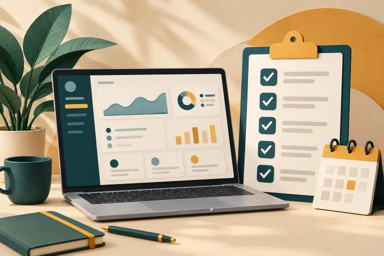 رسم توضيحي لحاسوب ولوحة تحقق بخمس علامات وتقويم لاختبار برنامج — التجربة المجانية